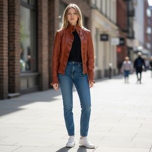 Rust Moto Jacket l Ruffle Front Ribbed l Peplum Waist l Size M